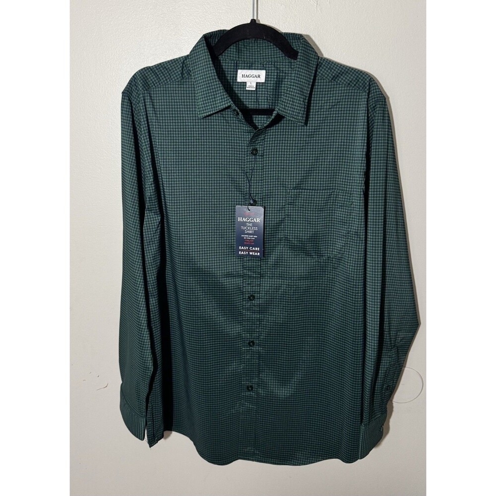 NWT Haggar The Tuckless Shirt Mens Large Green Gingham Check Long Sleeve NEW